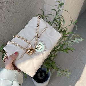 White Quilted Mini Shoulder Bag With Chain Strap 7 Inch Solid Color <b>Lock</b> Closure Women's Crossbody Bag - Product Image 1
