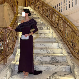 シャロンはSF323エレガントパープルサテンマーメイドイブニングドレス、オフショルダー、プリーツ付き、女性用ウェディングパーティー、プロムガウン、在庫なしと言いました。 - Product Image 4