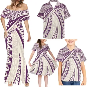 New Polynesian Island 4pcs Family Matching Set Puletasi Style Samoa Custom Women'S Clothing Plus Size Dresses Hawaiian Shirt Man