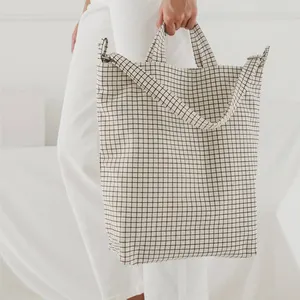 Wholesale Women Check Recycled Market Handbag Shoulder Tote Bag Plaid Canvas Reusable Shopping Bag