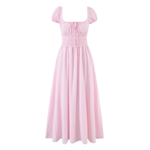 เดรสสั้นแขนสั้นคอเหลี่ยม 2 สี แต่งลูกไม้รูดสม็อคถักโครเชต์ ผ้าเนื้อนุ่ม ระบายอากาศได้ดี สไตล์ลำลองสำหรับฤดูใบไม้ผลิ ความยาวระดับเข่า สำหรับผู้หญิง - Product Image 1