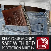 Dompet Kulit PU Pria Model Biker dengan Rantai, Anti-RFID, Motif Bendera Amerika, Merek Mewah, dengan 10 Slot Kartu