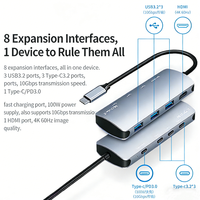 Hub USB-C 8-en-1 4K 60Hz en aluminium, prête à être expédiée, avec charge rapide PD 100W, multiport pour PS4, PC de jeu, moniteur et station d'accueil pour carte graphique