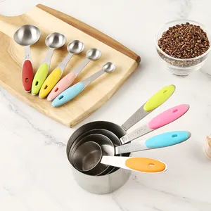 9 Pcs Kitchen Tool Set with colorful Silicone Handles Stainless Steel Measuring Cups and Spoons