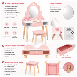 Tocador de <span class=keywords><strong>Princesa</strong></span> Corazón Rosa con Espejo y Cajones para Dormitorio de Niñas Pequeñas, Juego de Imitación Educativo para Niños - Product Image 3