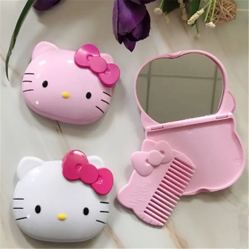 Cermin Genggam Mini kartun ringkas dengan Set sisir cermin kucing lipat Hello kecil genggam cermin kucing untuk saku