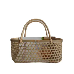 Eco-Friendly Bamboo Fruit and Vegetable Basket with Folding Handle Home Decoration and Storage Craft Model