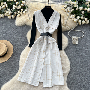 Robe-veste en tweed sans manches polyvalente pour femme, deux pièces, avec ceinture à nouer et <span class=keywords><strong>haut</strong></span> en tricot, élégante et <span class=keywords><strong>chic</strong></span> - Product Image 4