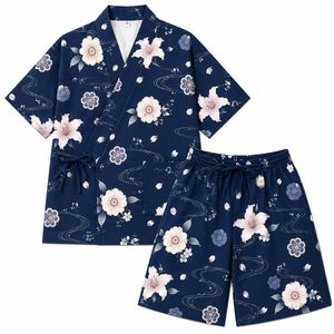 Ensemble de pyjama kimono floral pour homme, manches courtes, vêtements de détente, 2 pièces, vêtements de nuit décontractés, vêtements de maison - Product Image 1