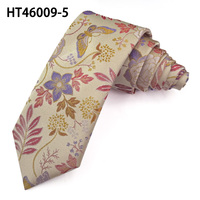 Cravate en polyester tissé crème, lilas et abricot, motif pivoine et papillon, personnalisée pour homme