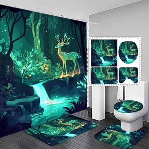 Rideau de Douche Imprimé Numérique en Polyester Motif Cerf de la Forêt Émeraude, Rideau de Salle de Bain Imperméable, Impression Personnalisée, Vente en Gros Moderne - Product Image 6
