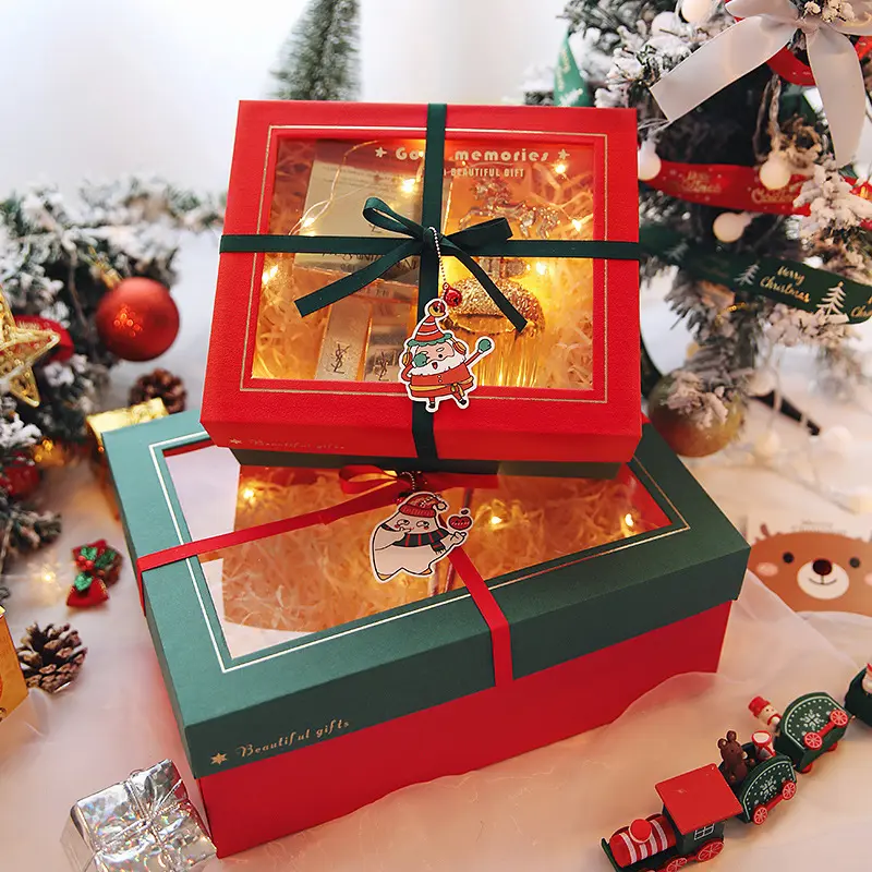 Подарочная коробка с прозрачным окошком, жесткий картонный прямоугольный Рождественский красный косметический подарочный набор, упаковочная коробка с прозрачным ПВХ окошком