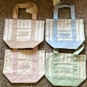 Personalized Embroidered Logo Reusable Striped Mini Canvas <b>Shopping</b> <b>Tote</b> <b>Bag</b> Long Handle Pocket Daily Use Sustainable Fashion - Product Image 1