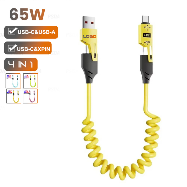 65W 4 in 1 Type-c/USB C to Type-c Fast Charging Data Cable PD 27W for IPhone16 Huawei Samsung Retractable USB Charger Cord