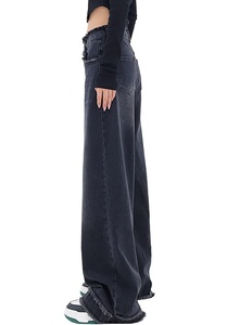 Jeans en denim taille haute extra longs sur mesure OEM pour <span class=keywords><strong>femme</strong></span>, noirs, décontractés, style droit boutonné, design tendance, prix usine - Product Image 3