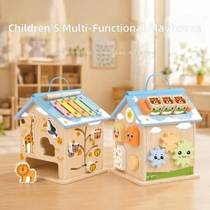 Casa de Actividades de Madera con Xilófono, Engranajes, Clasificador de Formas, Caras de <span class=keywords><strong>Emociones</strong></span> y Bloques de Animales para Bebés y Niños Pequeños, Juguete Sensorial Montessori - Product Image 1