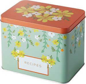 Recipe Box Decorative Metal Tin with 25 Recipe Cards and 12 Index Dividers Gift Box