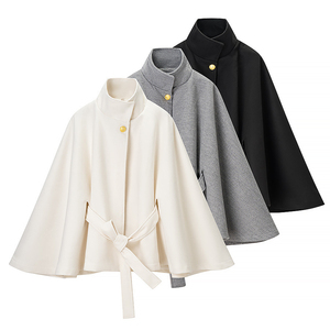 Veste courte en laine mélangée personnalisée pour femmes, col montant, manches évasées, ceinture, taille ajustée, <span class=keywords><strong>manteau</strong></span> sur mesure, veste décontractée ample vintage OEM - Product Image 1