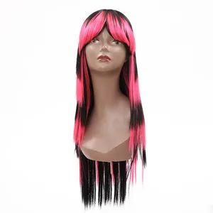 JINRUILI Vente en gros pas cher Perruques longues et droites en cheveux synthétiques personnalisées Perruque de fête noire et rose pour femme