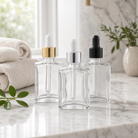Prêt à expédier, flacon compte-gouttes carré en verre de 30 ml et 50 ml pour huile essentielle, sérum transparent, flacon cosmétique, livraison rapide