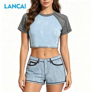 Ensemble décontracté pour femmes Lancai, haut court à manches raglan et mini-jupe en jean, tenue de rue décontractée, ensemble de salon, vêtements d'été pour femmes - Product Image 2