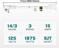 1FT Kurzes Verlängerungskabel für Innenräume, 15A Flachstecker mit Niedrigem Profil, Hochleistungs-Verlängerungskabel, Steckdosensparer, 3-poliges Geerdetes Stromkabel