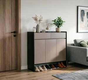 Meuble à chaussures moderne et mince, écologique et durable, avec rangement inférieur ouvert, organisateur <span class=keywords><strong>d</strong></span>'entrée à 3 portes, finition beige et noir, gain de place, pour salle de sport - Product Image 6