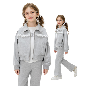 Nuevo conjunto de ropa de moda para niñas, abrigo de encaje con cremallera de algodón gris y pantalones gruesos, chándal de 2 uds para <span class=keywords><strong>chicas</strong></span> <span class=keywords><strong>adolescentes</strong></span> - Product Image 1