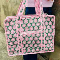 Tas Tote berlapis katun cetak blok India untuk wanita tas tangan besar rantai buka tutup untuk Perjalanan Ulang Tahun/hadiah Natal ide