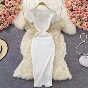 2025 nueva moda de manga corta de punto sólido vestido informal de mujer de cintura alta Maxi vestido <span class=keywords><strong>tubo</strong></span> señoras <span class=keywords><strong>vestidos</strong></span> <span class=keywords><strong>elegantes</strong></span> al por mayor - Product Image 3