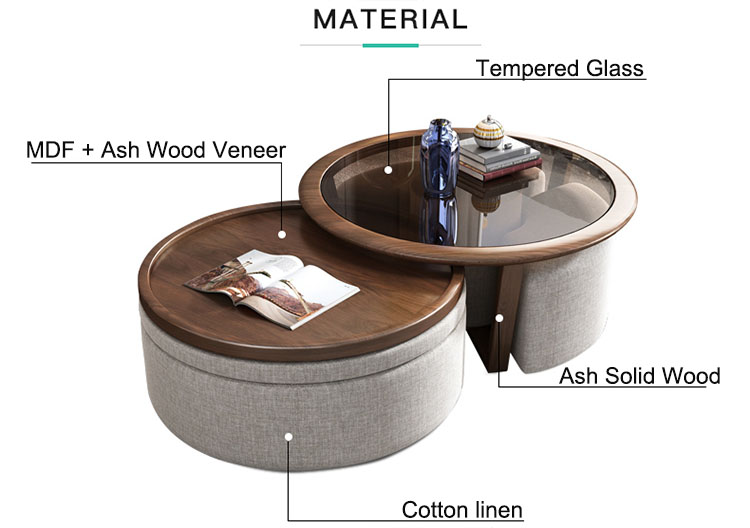 OEM ODM Modern Living Room Furniture Tempered Glass Wooden Round Coffee Table