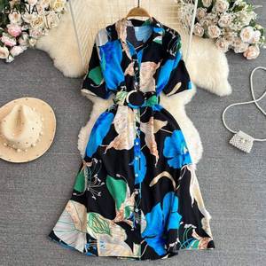 Nuevo Vestido Casual con Estampado Floral, Cuello Vuelto, Cierre de Botón, Cinturón en la Cintura, Vestido de Mujer con Corte en A en Contraste - Product Image 2