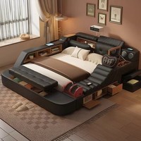 Intelligentes Tatami-Bettgestell mit Massagestuhl, Projektor, Bluetooth, kabellosem Laden, Sicherheitsschloss, Echtleder, Kingsize für Zuhause
