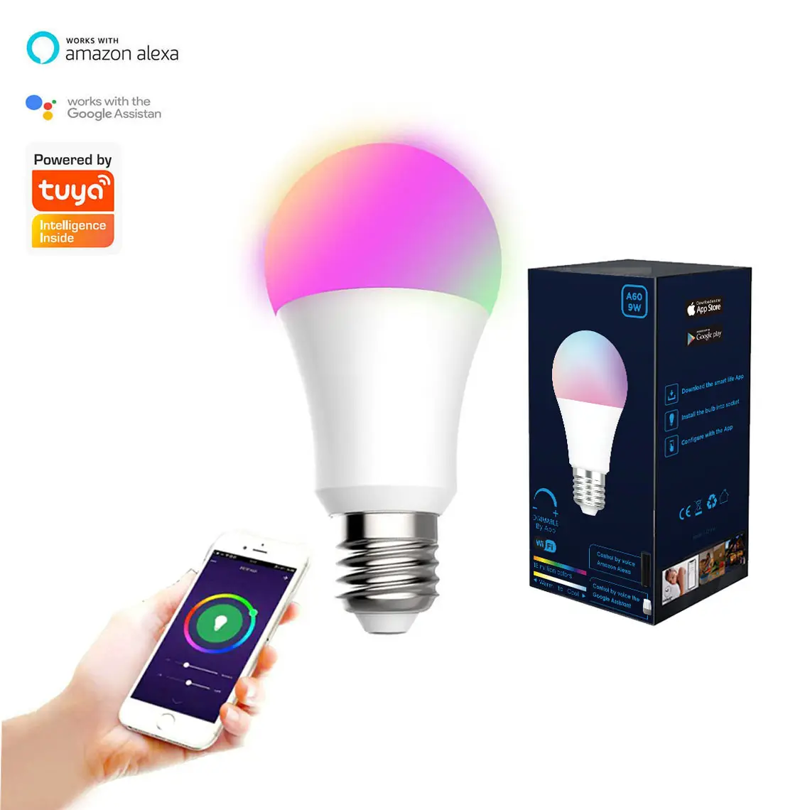 WELLUX E14 E27 B22 9 10W WiFi Smart LED Bulb APP Phone Control Dimmable rgb CCT A60 lamps wireless smart bulb