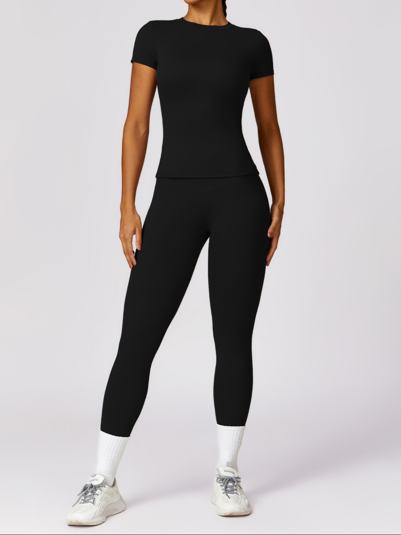 Women's Crew Neck Short Sleeve Crop Top Four-Way Stretch Slim Fit 2-Piece Yoga Set Spandex/Nylon Sports Outdoor Fitness Wear