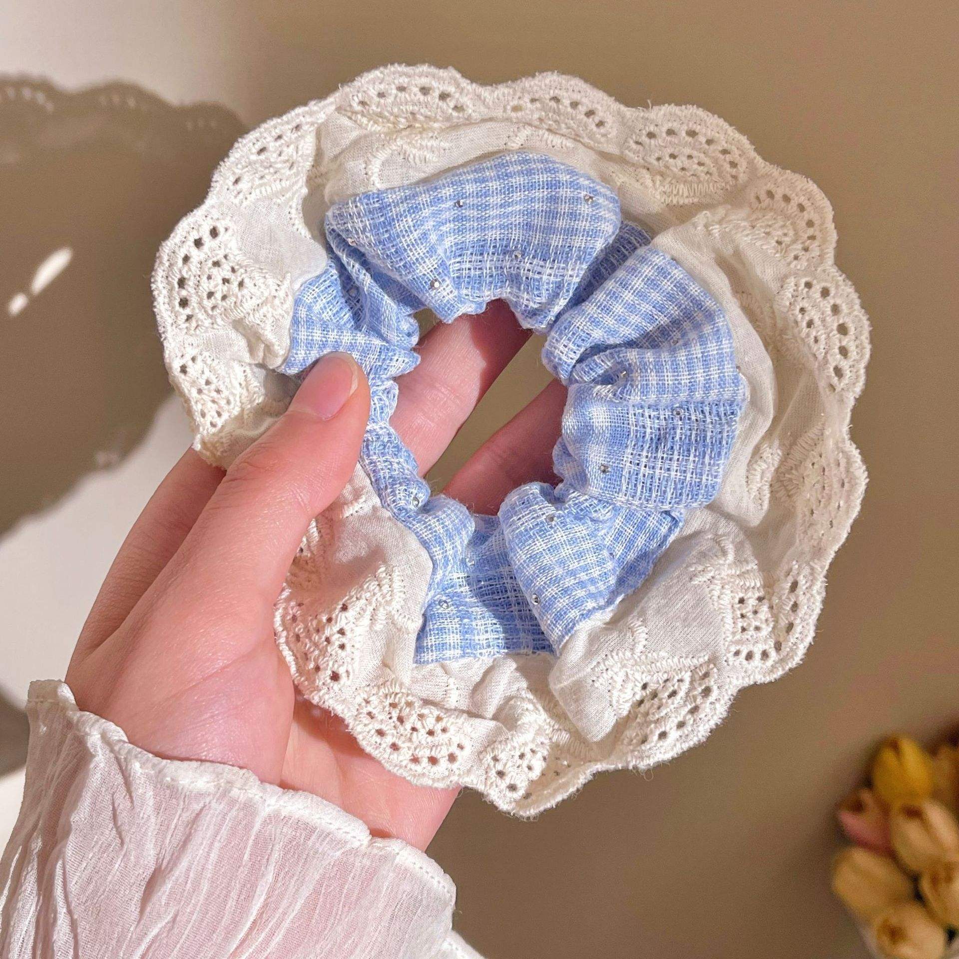 Blue and white check lace