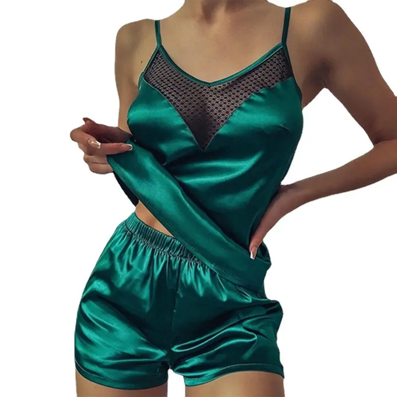 v neck sexy lace spaghetti straps camisole & hot shorts silk pajamas for women set satin women's sleepwear