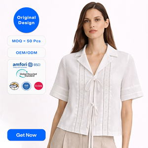 Chemise en lin blanc pour femme, design original SHENGFU, élégante, à manches courtes, avec nœud devant, haut de gamme, patchwork de dentelle, OEM - Product Image 1