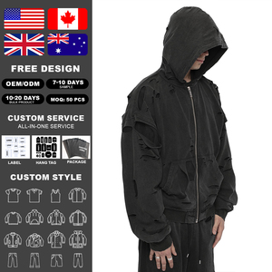 Sweat-shirt à capuche zippé vintage délavé 100 % coton KingSen personnalisé avec trous, coupe oversize, pour homme, style streetwear - Product Image 2