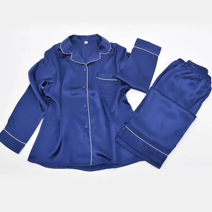 Femmes solide été 100% soie pyjamas ensembles en gros col boutonné chemises et pantalon Lang tricoté tissu vêtements de nuit - Product Image 1