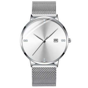 Montre à quartz simple pour homme, étanche, avec index des heures sertis de cristaux, bracelet en maille d'acier inoxydable ultra-fin, montre de cérémonie avec calendrier - Product Image 1