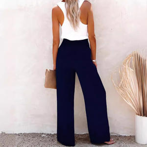 Pantalon long décontracté taille haute boutonné en lin et coton pour femme, grande taille, smocké, élastique, respirant, séchage rapide, collection Printemps 2026 - Product Image 5