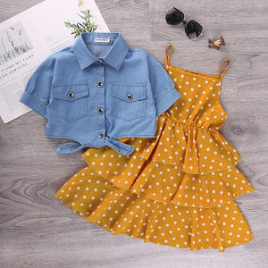 Vêtements pour enfants 2021 : Nouvelle robe deux pièces pour filles avec jupe à bretelles à pois et châle en jean - Product Image 1