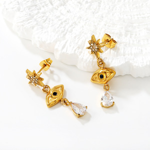 Pendientes geométricos de acero inoxidable de dos tonos dorados para mujer, elegantes y de alta gama, chapados en oro de 18k, estilo europeo americano. - Product Image 5