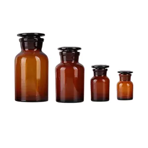 Labware in vetro bocca larga con tappo a terra trasparente marrone Lab bottiglia di reagente in vetro ambrato