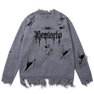 Pull en tricot noir gothique pour homme avec détails à franges, logo lettre sur le devant, coupe ample, col rond, vêtement d'hiver - Product Image 3
