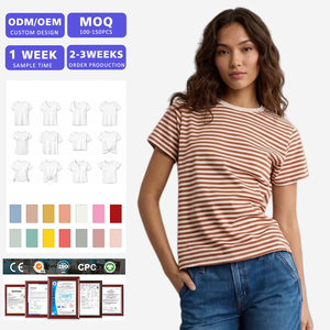 เสื้อยืดผู้หญิงลายทางผ้าฝ้าย OEM ODM สกรีนโลโก้ได้ คอกลม แขนสั้น สไตล์ลำลอง สำหรับแบรนด์แฟชั่น - Product Image 1