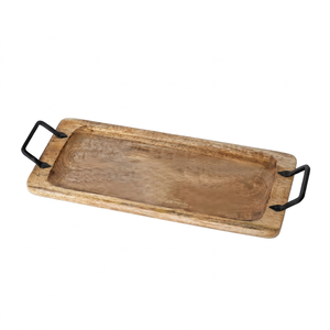Plateau de service rectangulaire en bois de manguier fait main, qualité commerciale, avec poignées métalliques, idéal pour le café, la table à manger et la maison - Meilleures ventes - Product Image 1