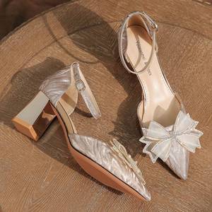 Zapatos de Tacón Youxianmei, Punta Puntiaguda, Tacón Cuadrado, Correa en el Tobillo, Decoración de Lazo, Forro de Satén, Tacón Alto, para Bodas y Oficina - Product Image 1