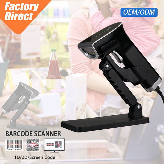 Hands-free 2D Barcode Scanner Handheld Continuous Auto Bar Code Reader with Adjustable Stand and Support Laptop Desktop PC POS